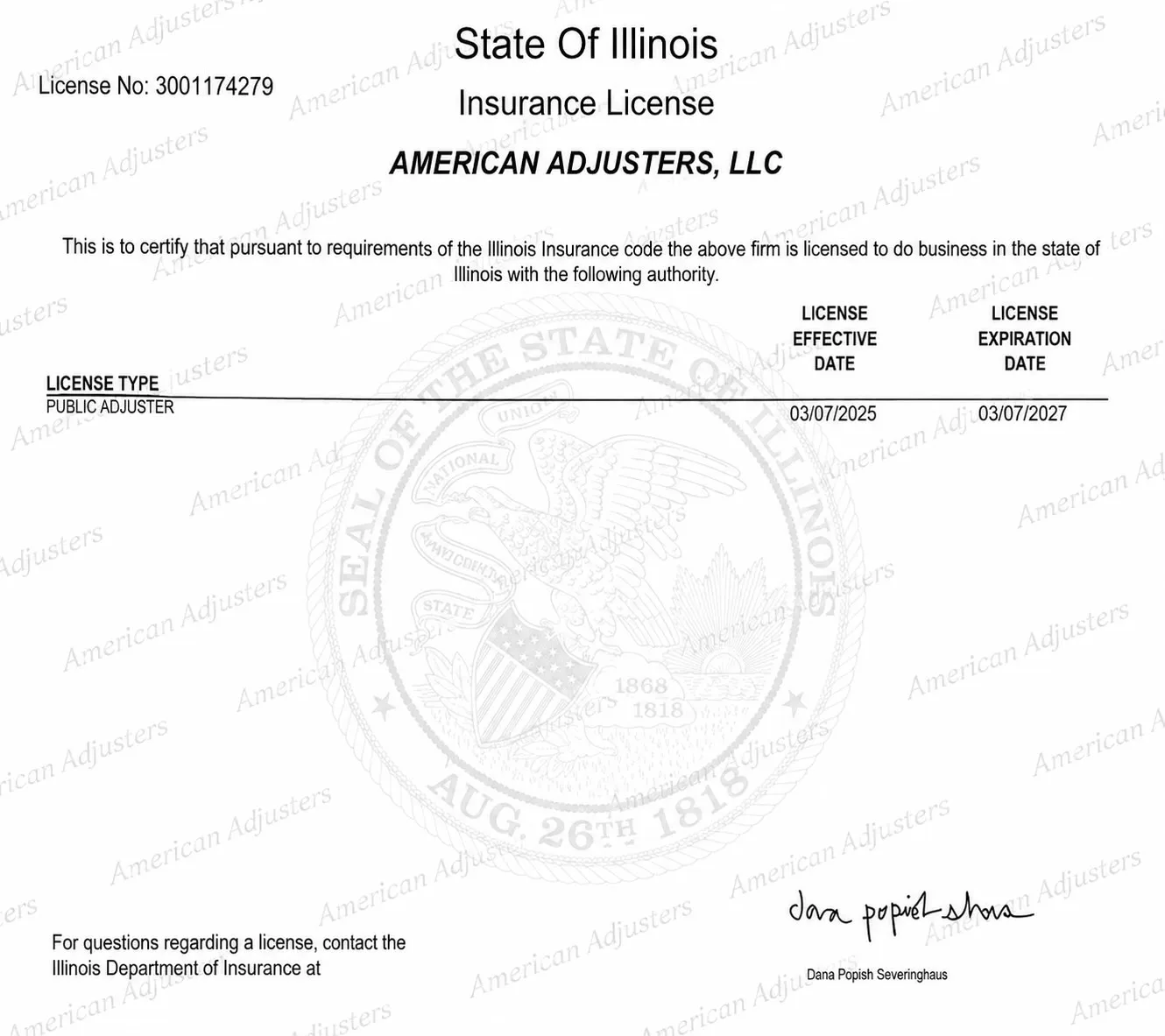 State of Illinois public adjuster insurance license for American Adjusters, LLC